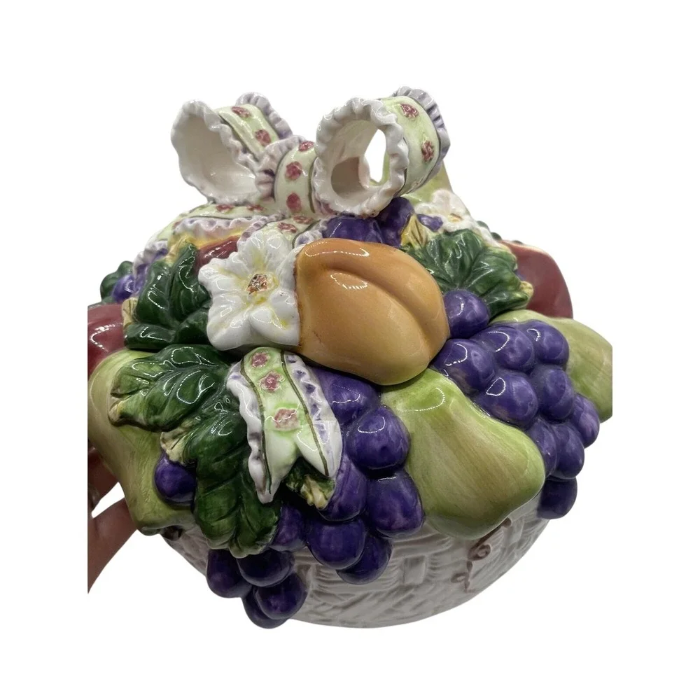 Ceramic Fruit Basket Lidded Trinket Dish Candy Bowl Figurine Apples Grapes Pears